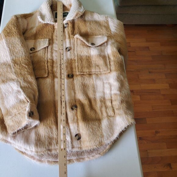 American Eagle Terry Lined Coat Tan Tartan Plaid Button Up Cozy Grunge Outdoor - Picture 6 of 12